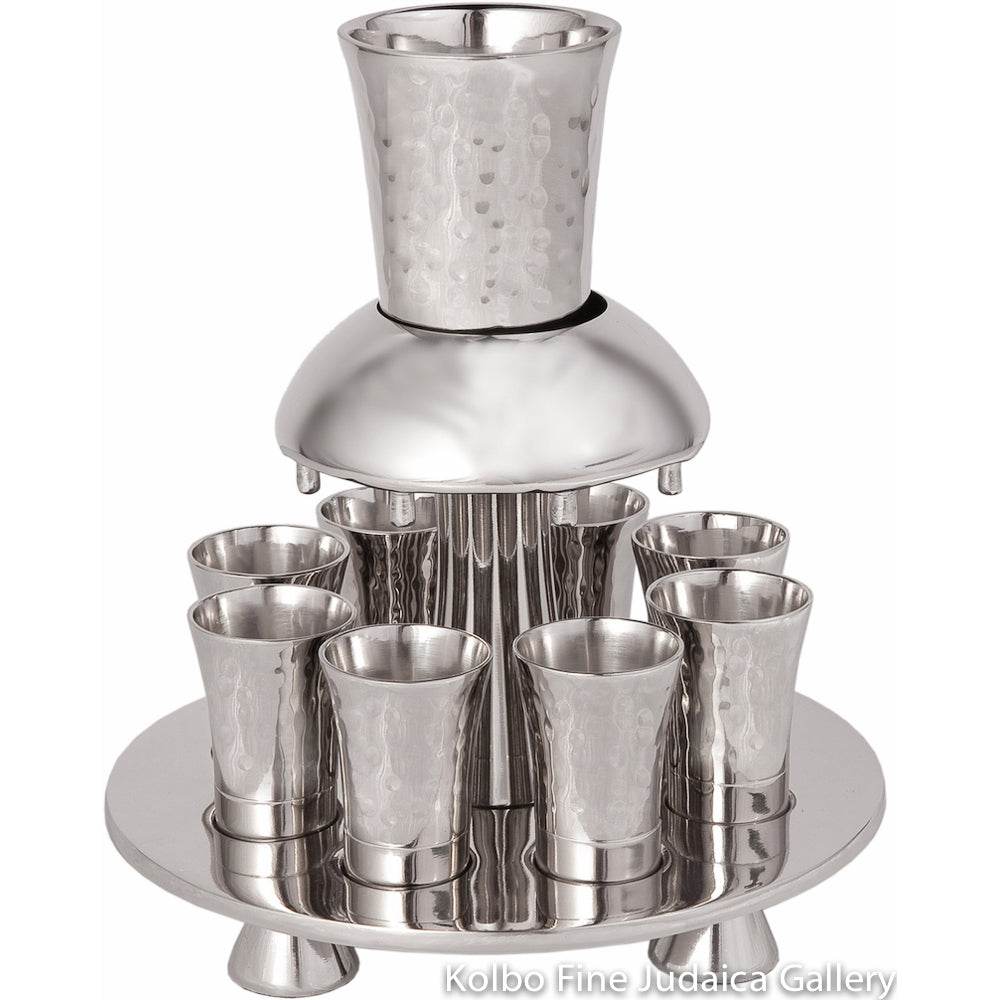 Kiddush Fountain Set, Hammered Nickel with Eight Small Cups Kolbo