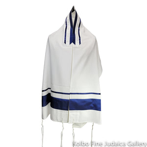 Tallit Set, Blue and White Striping with Silver Detail, Poly Blend