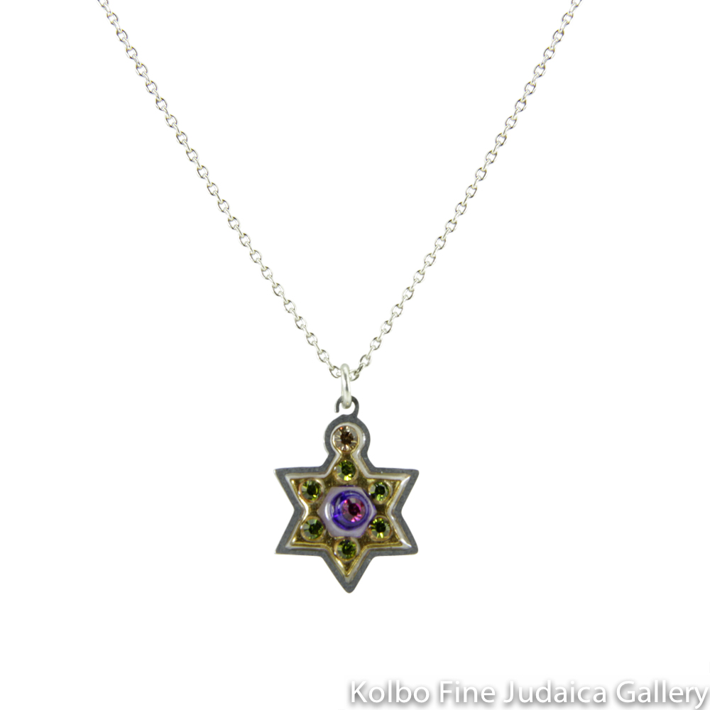 Necklace, Star of David in Gold, Resin on Stainless Steel with Crystals