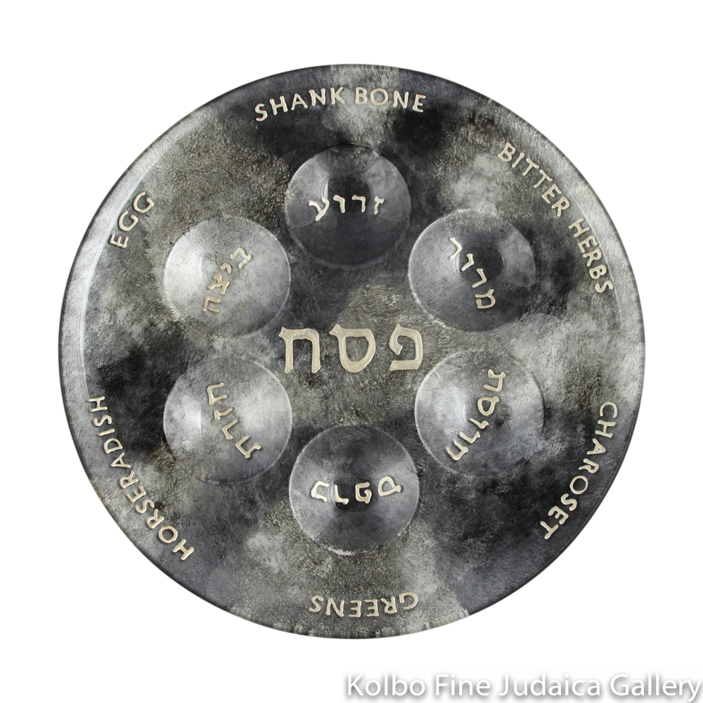 Seder Plate, Hand-Painted Glass with Multi-Gray Tones, Round