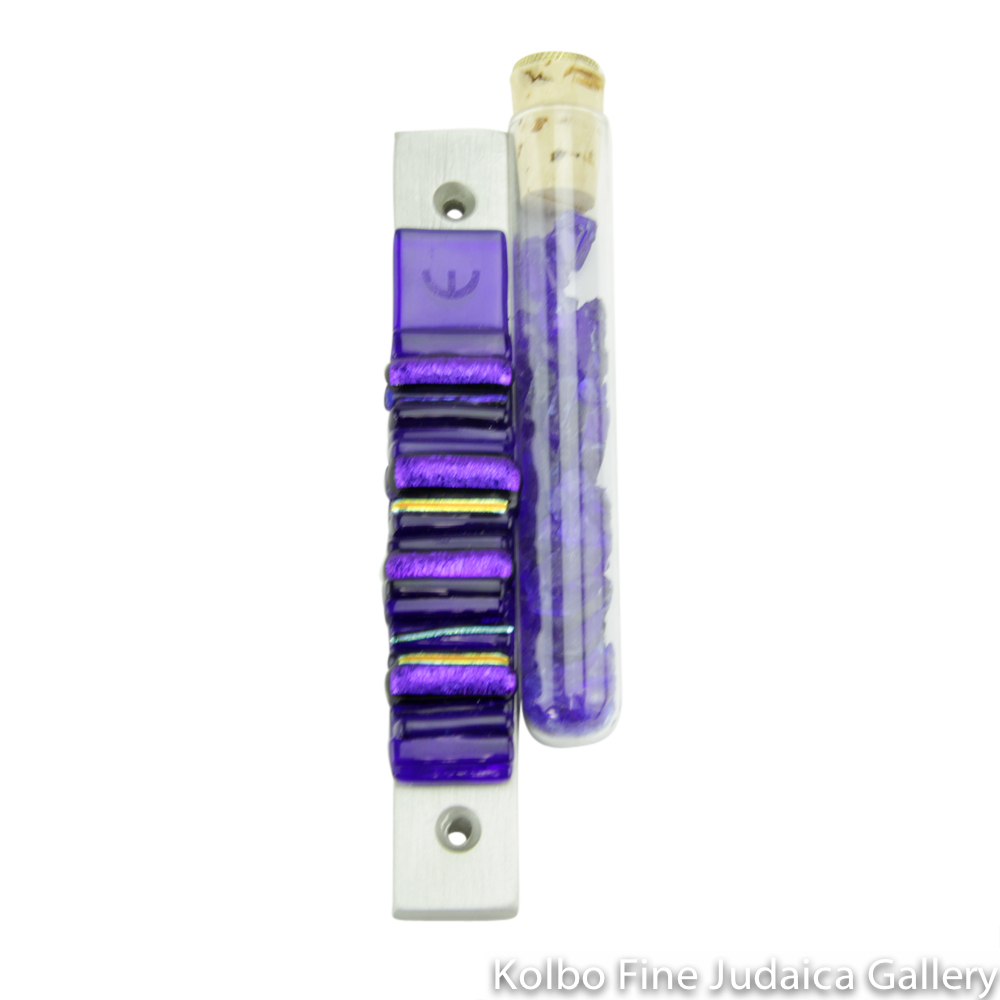 Wedding Glass Mezuzah, Iridescent Cobalt Glass, Tube on Side for Glass Shards, IC Collection
