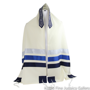 Tallit Set, Navy Blue, Royal Blue and Silver Ribbons on Fine White Wool