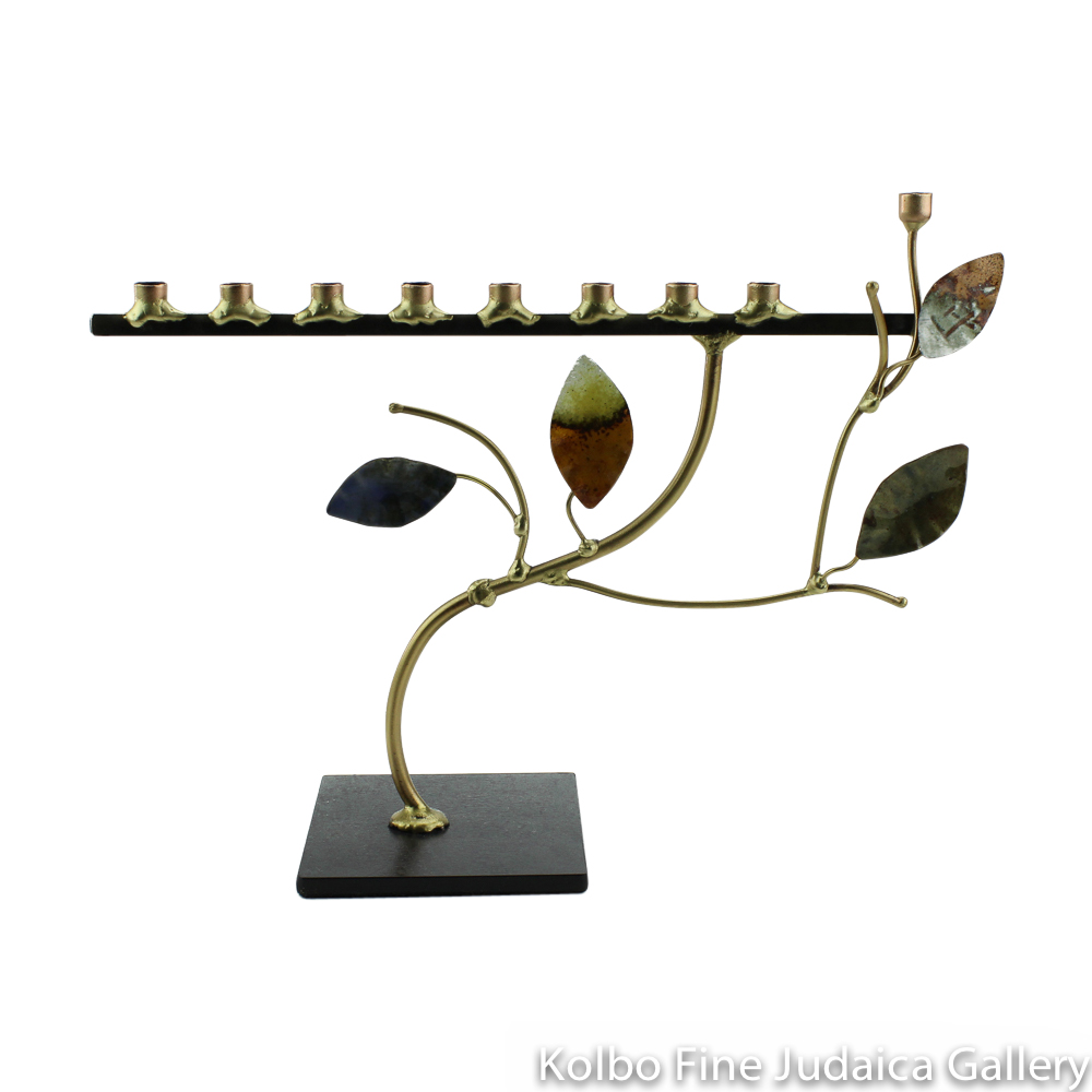 Menorah, Four Enamel Leaves on Branch, Even Height, Copper and Brass