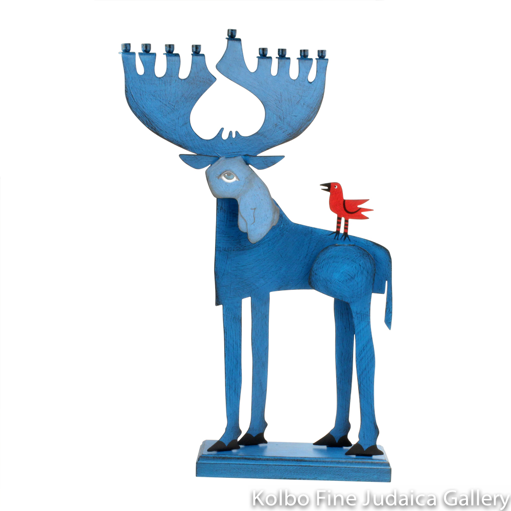 Menorah, Moose Design, Painted Metal on Wooden Base