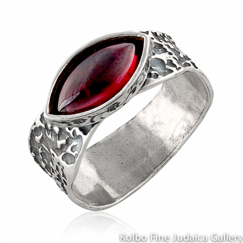 Ring, Wide, Textured Sterling Silver Band, Eye-Shaped Garnet