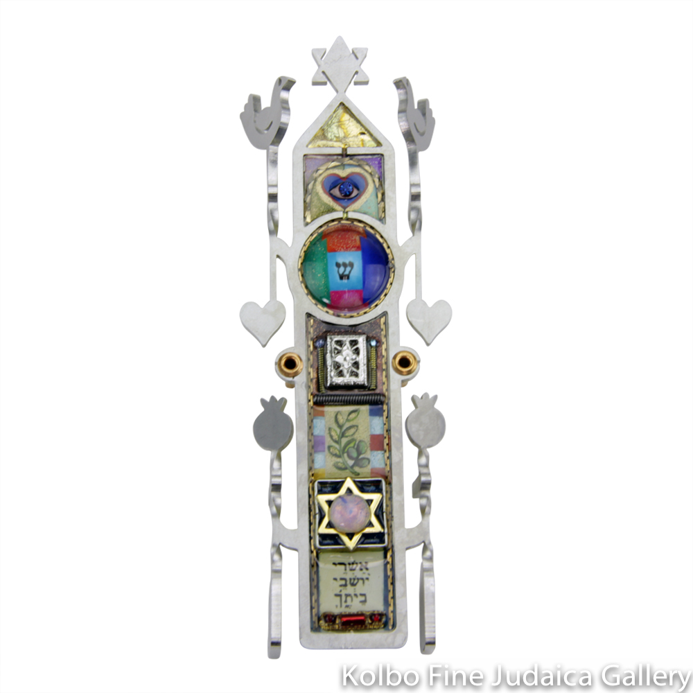 Mezuzah, Blessing Design with Hearts and Pomegranates, Resin on Stainless Steel