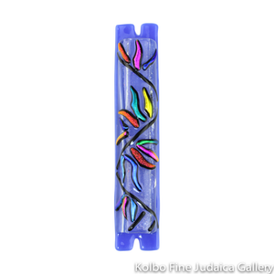 Mezuzah, Fused Glass, Clear With Bright Iridescent Flower Vines on Light Blue Backing
