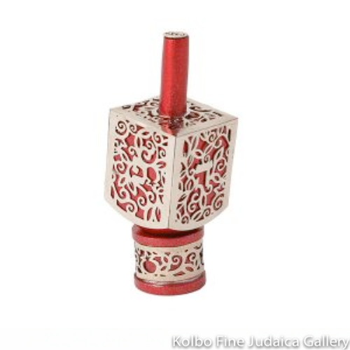 Dreidel, Anodized Aluminum Red and Silver Pomegranate Cut Out, Large