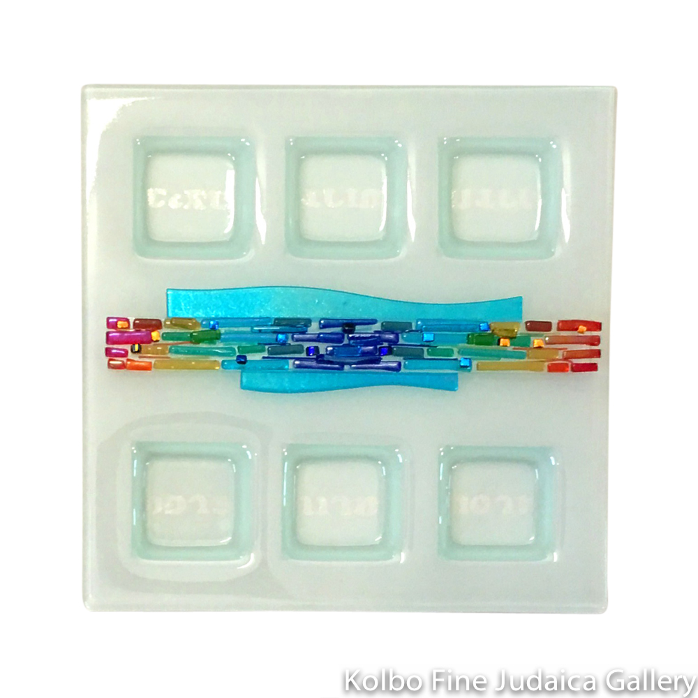 Seder Plate, Parting of the Sea Collection, Rainbow and Turquoise, Fused Glass
