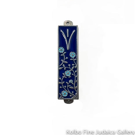 Mezuzah, Dark Blue Background with Light Blue Flower Design, Pewter with Enamel