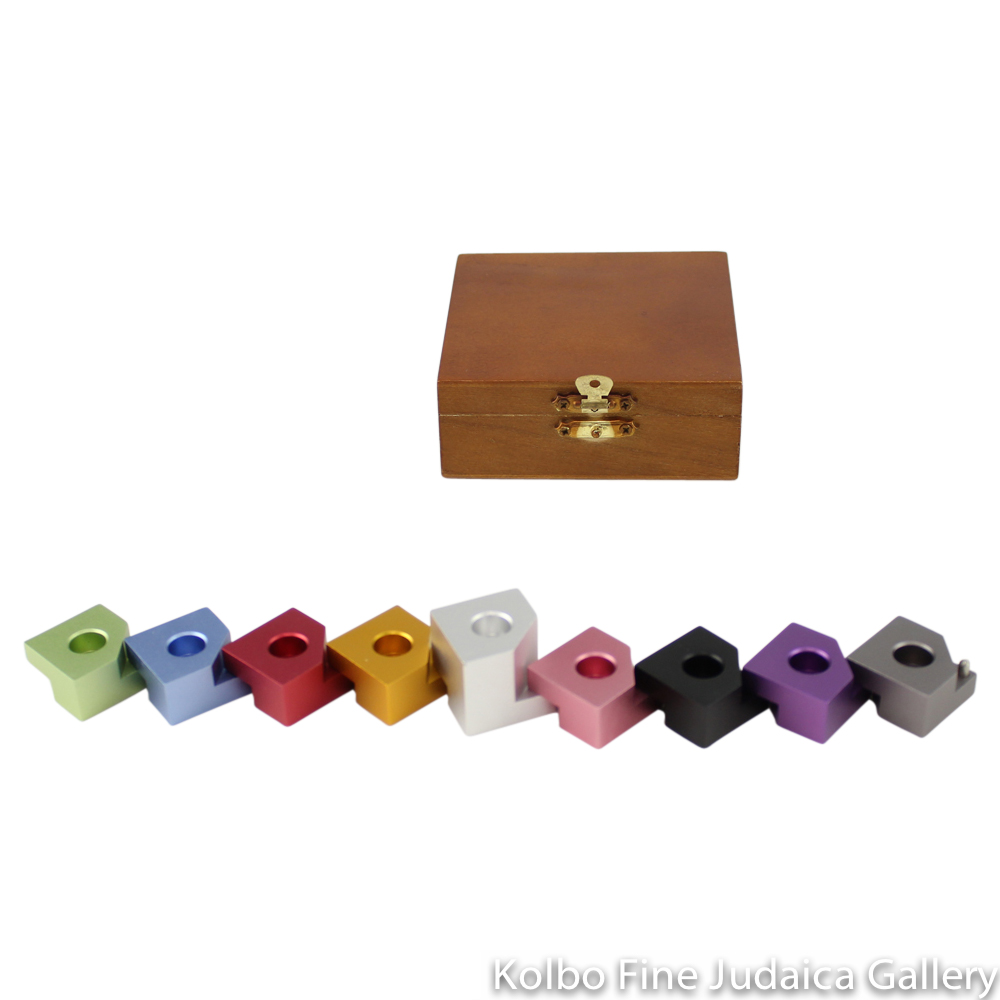 Menorah, Step Style for Travel, Rainbow Colored Anodized Aluminum