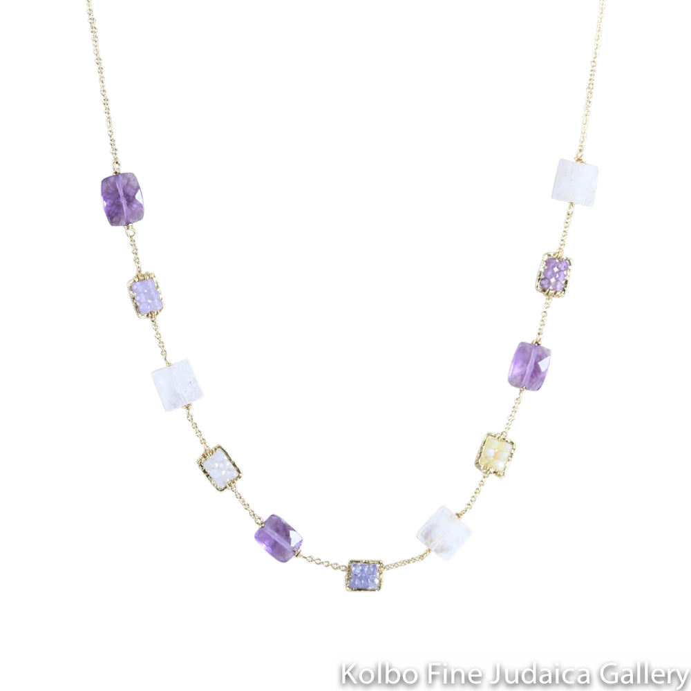 Necklace, Purple and White Beads, Gold-Filled