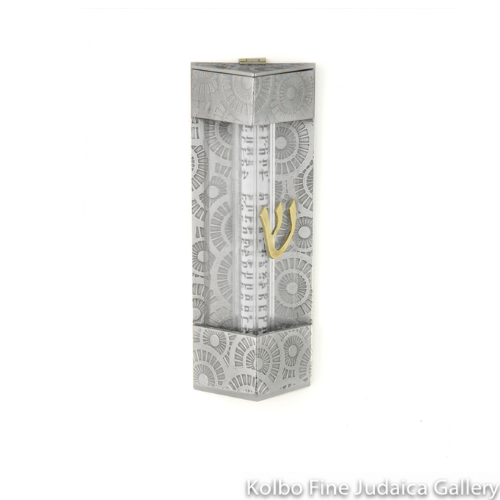 Wedding Glass Mezuzah, Angular Design, Spiral Finish, Pewter, Brass, and Acrylic