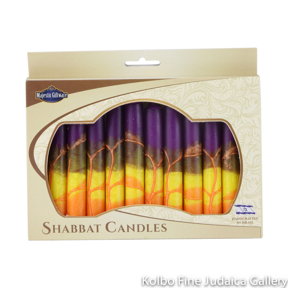 Shabbat Candles, Purple, Yellow and Orange Box of 12, Unscented Dripless Paraffin