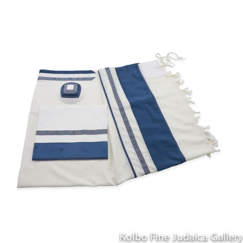 Tallit Set, Wide Band With Navy Blue and White Stripes, Fine Wool, Three Piece Set