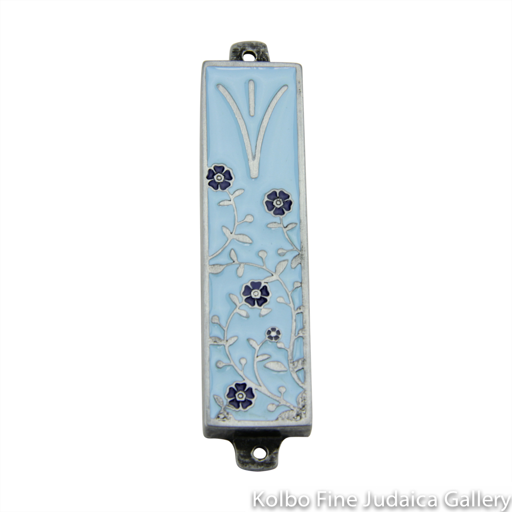 Mezuzah, Light Blue Background with Dark Blue Flower Design, Pewter with Enamel