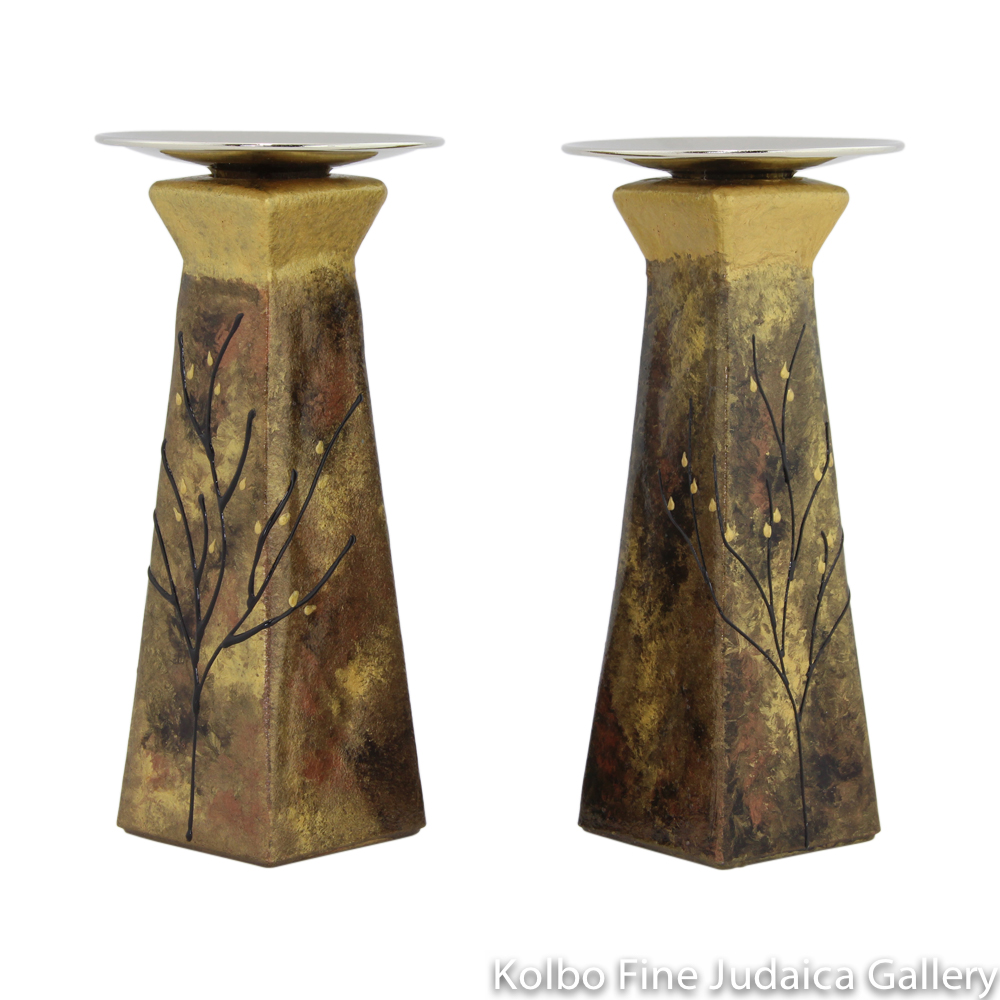 Candlesticks, Pyramid Shape, Hand-Painted Glass with Copper Tones