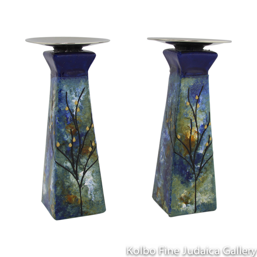 Shabbat Candlesticks, Pyramid Shape, Hand-Painted Glass with Blue and Green Tones