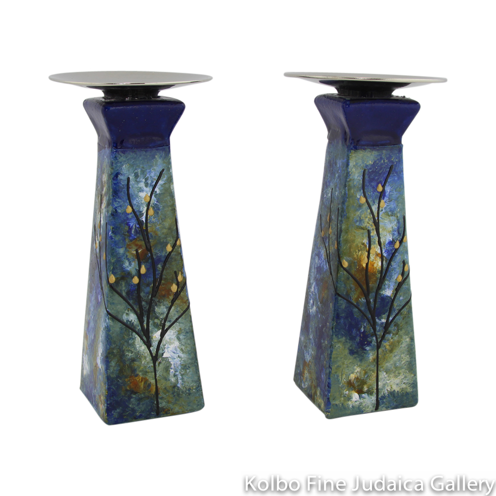 Candlesticks, Pyramid Shape, Hand-Painted Glass with Blue and Green Tones