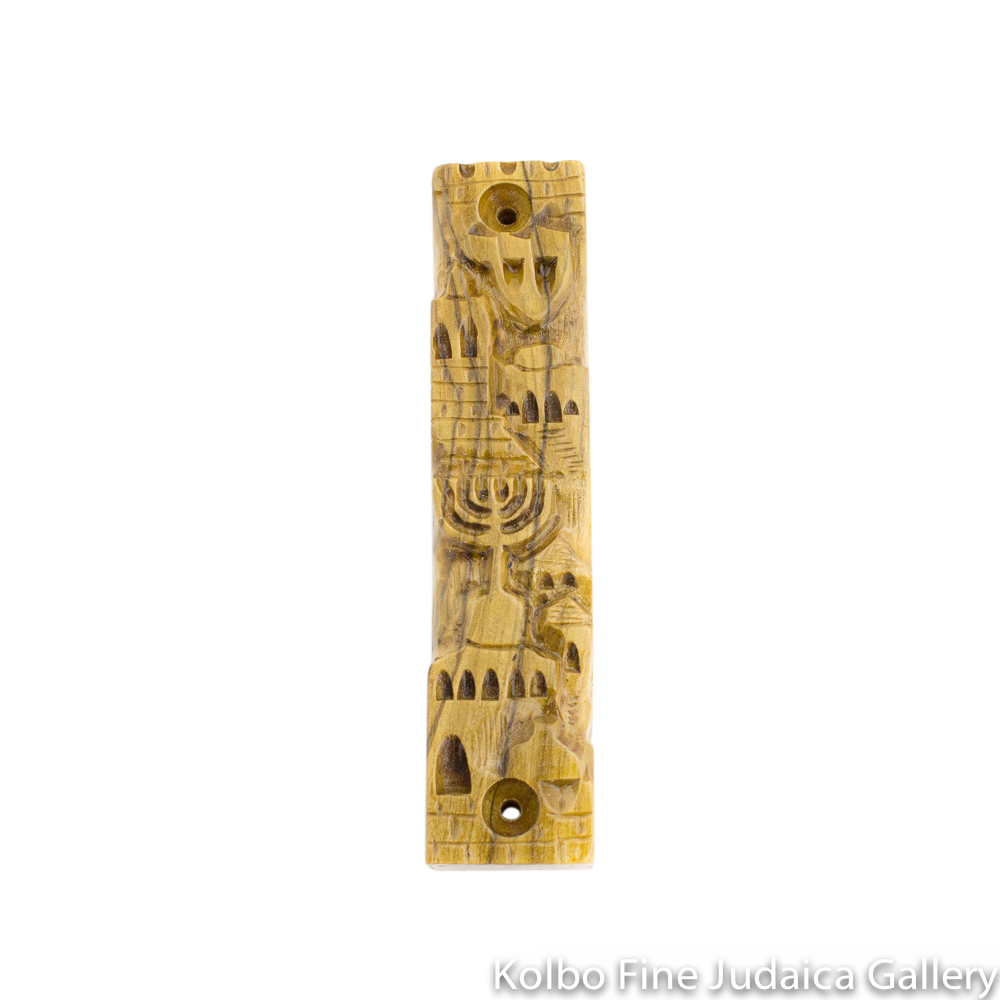 Mezuzah, Jerusalem Motif, Hand-Carved on Natural-Toned Olive Wood