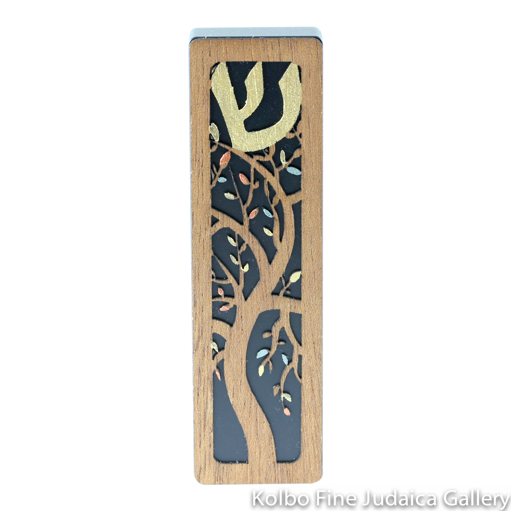 Mezuzah, Tree of Life Design, Cut Wood with Aluminum Base, Black Background