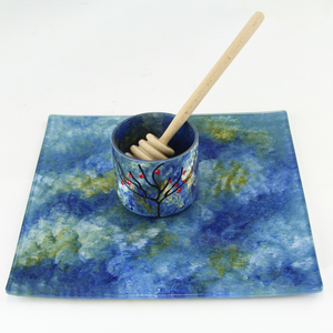 Honey and Apple Set, Hand-Painted Glass with Apple Tree on Cup in Blue and Green Tones