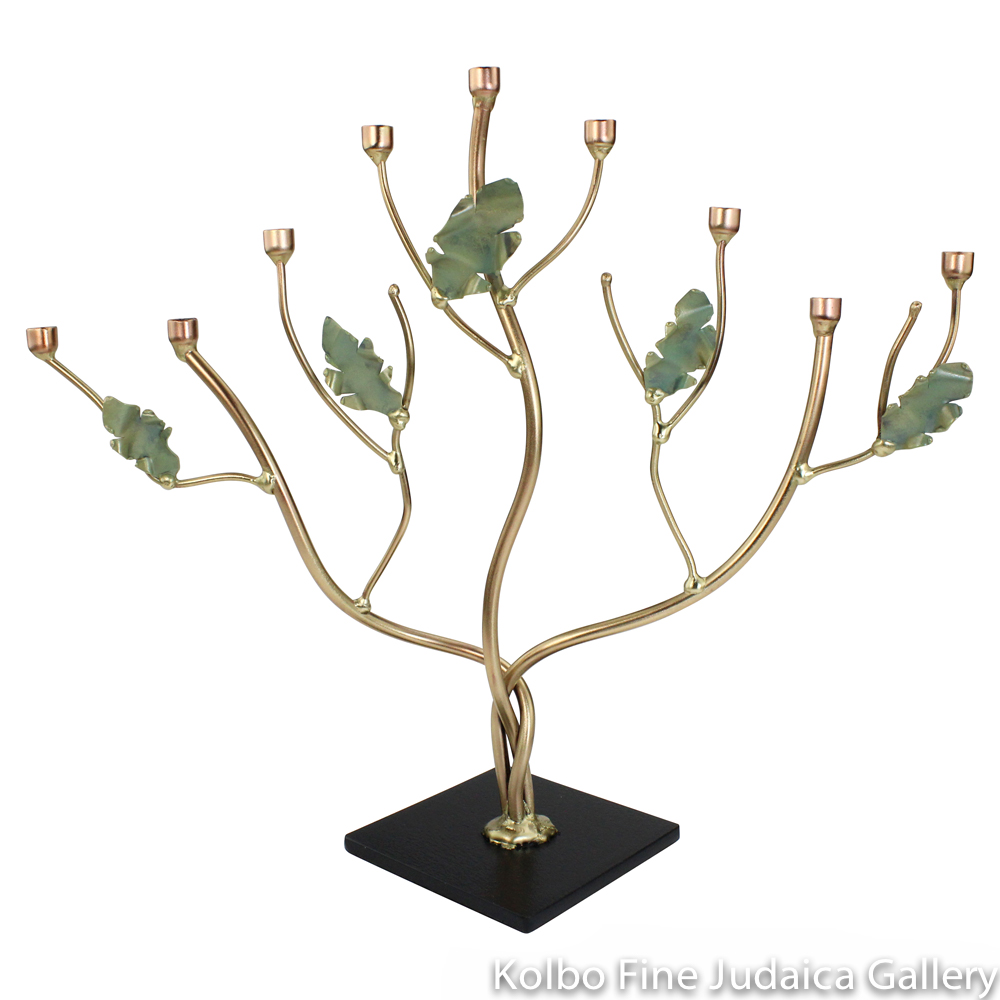 Menorah, Tree of Life with Curled Patina Leaves, Brass and Copper