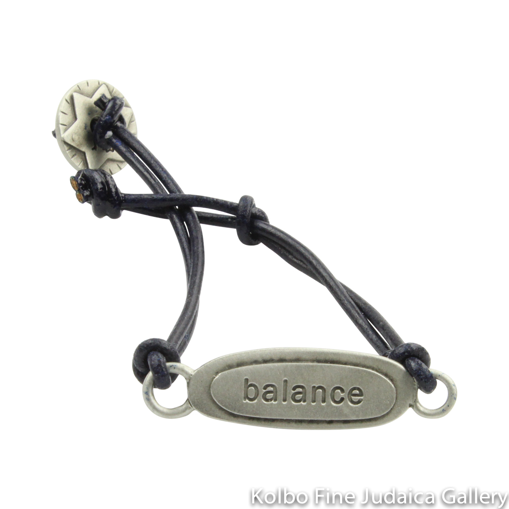 Bracelet, Balance Design in Hebrew and English, Pewter with Leather Cord