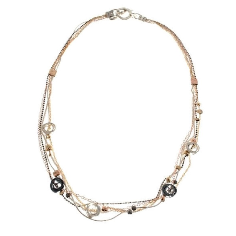 Necklace, Multistrand Chain, Sterling silver, Oxidized Silver and Gold-Filled Curls