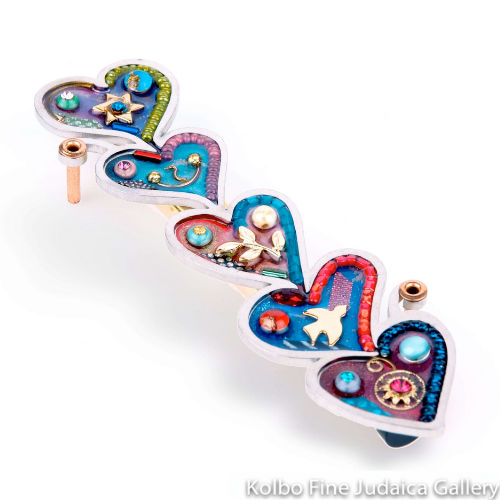 Mezuzah, Hearts, Painted Resin and Crystals on Stainless Steel