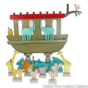 Menorah, Noah’s Ark Design with Removable Pieces, Painted Metal on Wooden Base