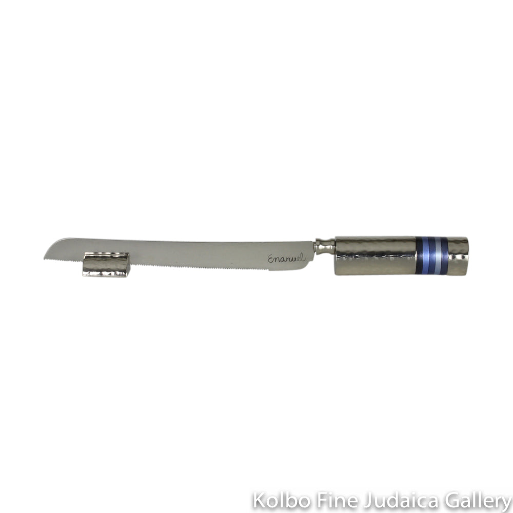 Challah Knife, Multi Blue Rings on Hammered Nickel, Stainless Steel Blade