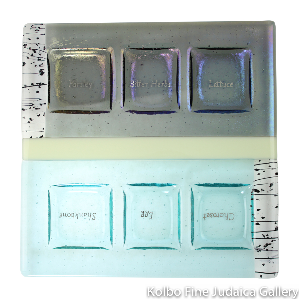 Seder Plate, Fused Glass, Soft Blue and Iridescent Gray with Black and White Details