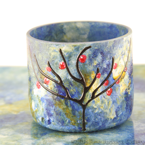 Honey and Apple Set, Hand-Painted Glass with Apple Tree on Cup in Blue and Green Tones