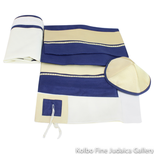 Tallit Set, Large Gold and Navy Blue Stripes on White Wool