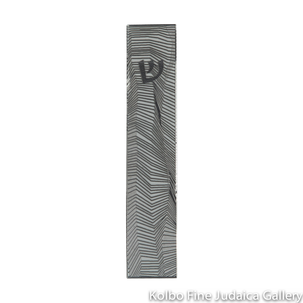 Mezuzah, Cut Out Modern Geometric Lines Design, Stainless Steel on Silver Background, Medium Size