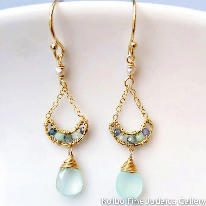 Earrings, Crescent Shape with Australian Sapphire, Green Opal, and Aqua Chalcedony, Gold-Filled