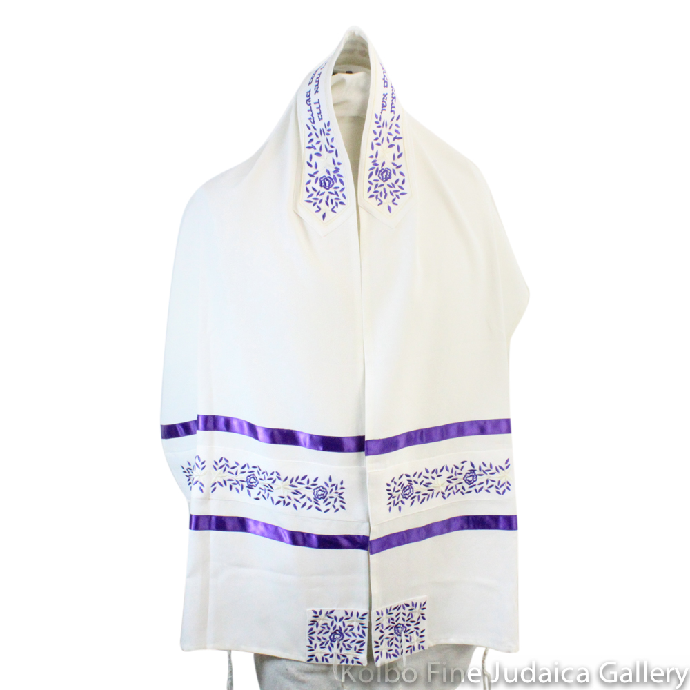 Tallit Set, Embroidered Vine Design in Purple on White Brushed Cotton