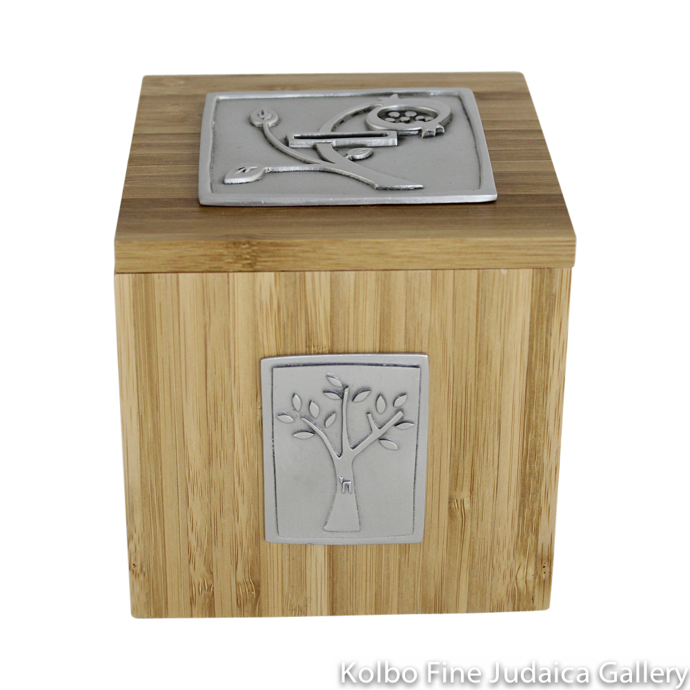 Tzedakah Box, Pomegranate and Tree Design, Pewter and Bamboo
