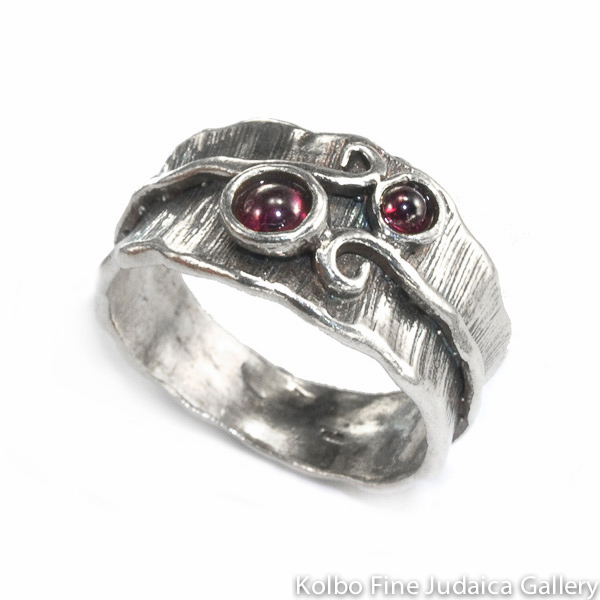 Ring, Wide Striated Sterling Silver Band, Two Small Garnets Held by Silver Vine