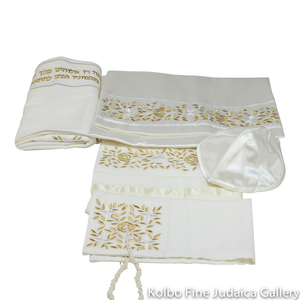 Tallit Set, Embroidered Vine Design in Gold on White Brushed Cotton