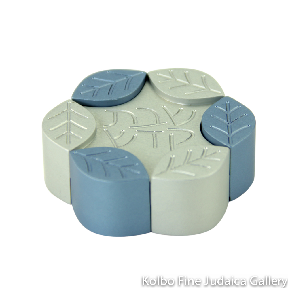 Traveling Candlesticks, Interlocking Leaf Design, Teal and Gray Anodized Aluminum