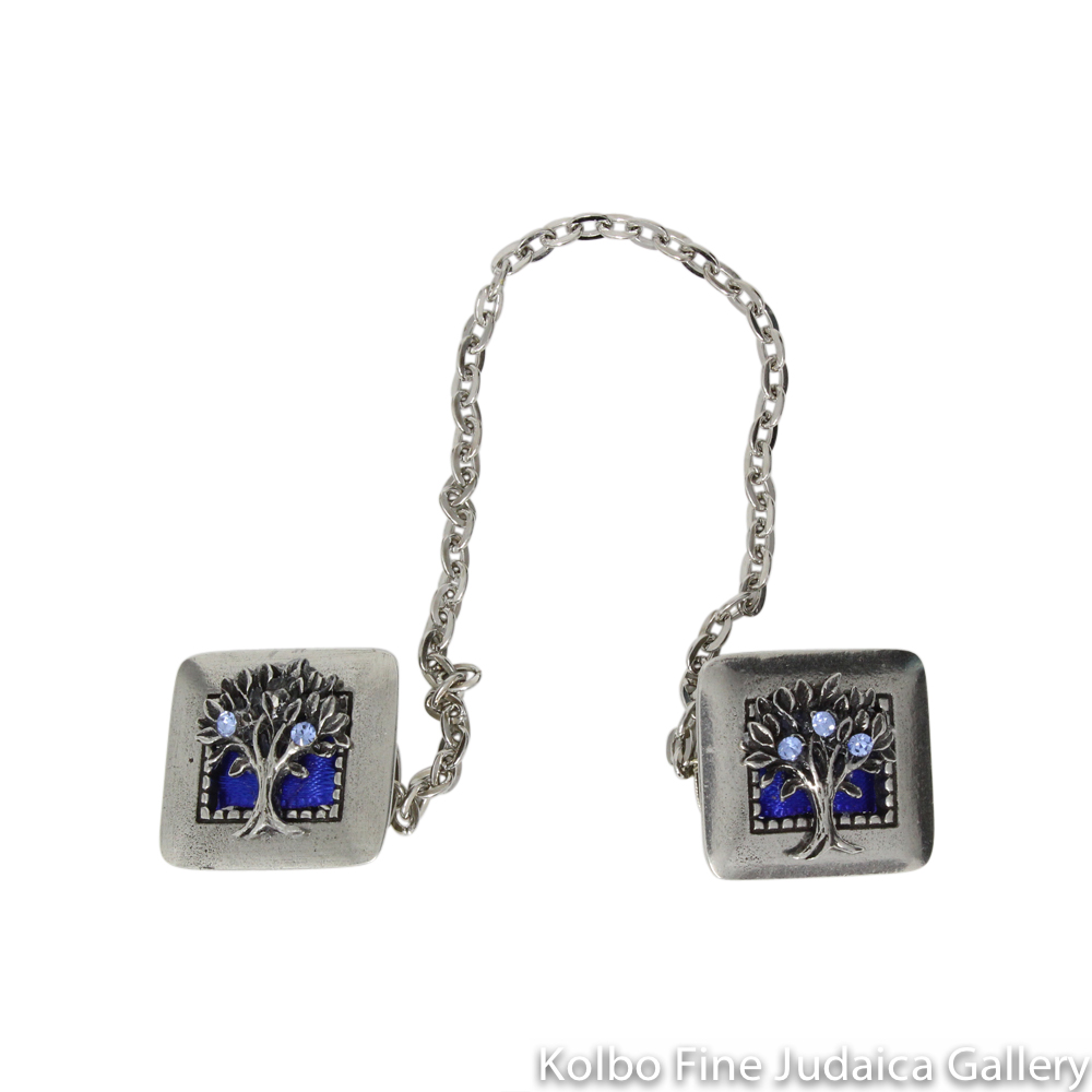 Tallit Clip, Blue Tree Of Life Design, Pewter With Silver Chain