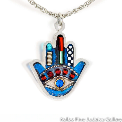 Necklace, Hamsa with Eye, Cobalt Blue, Resin on Stainless Steel