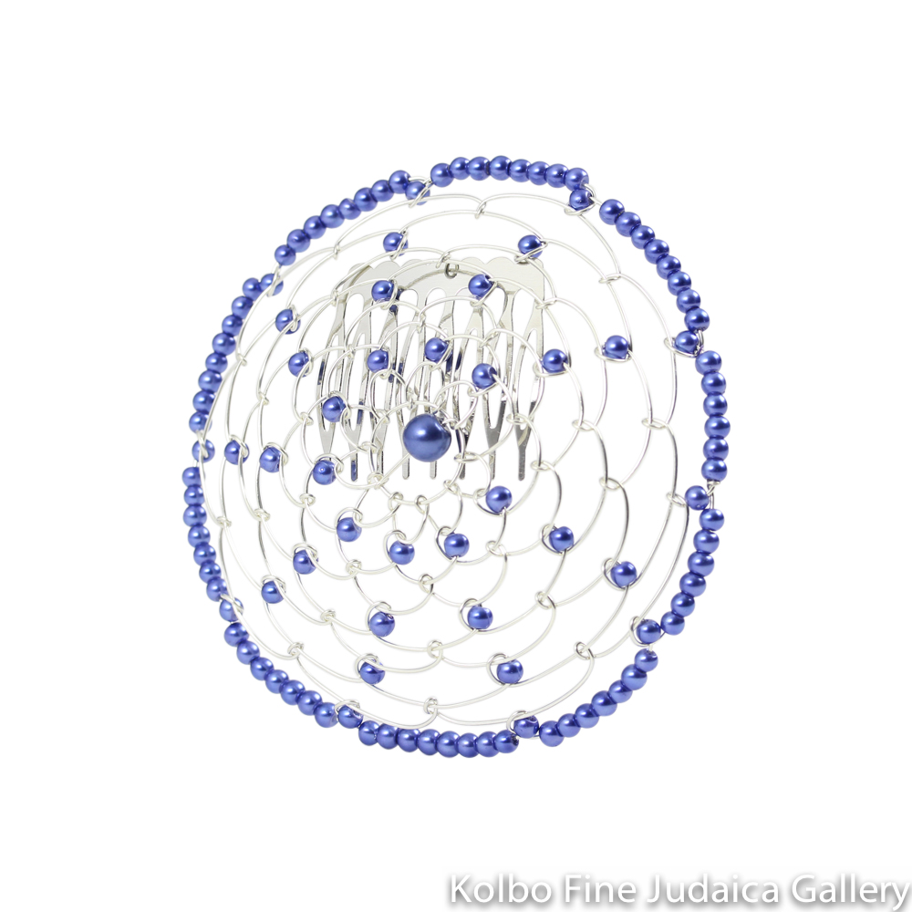 Kippah, Beaded Wire Kippah, Blue Beads, with Comb