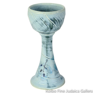 Kiddush Cup, One-of-a-Kind Ceramic, Blue Glaze with Leaf Design