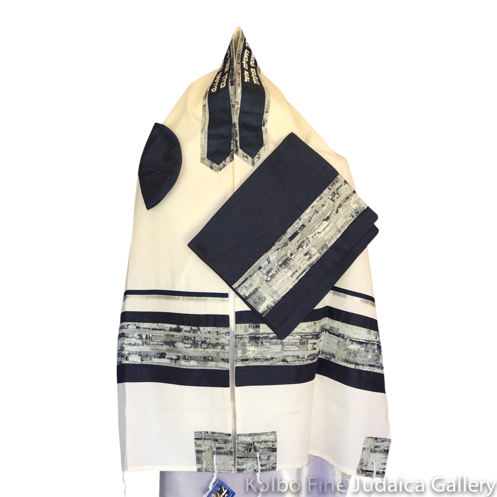 Tallit Set, Navy and Silver Kotel Design, Cream Cotton