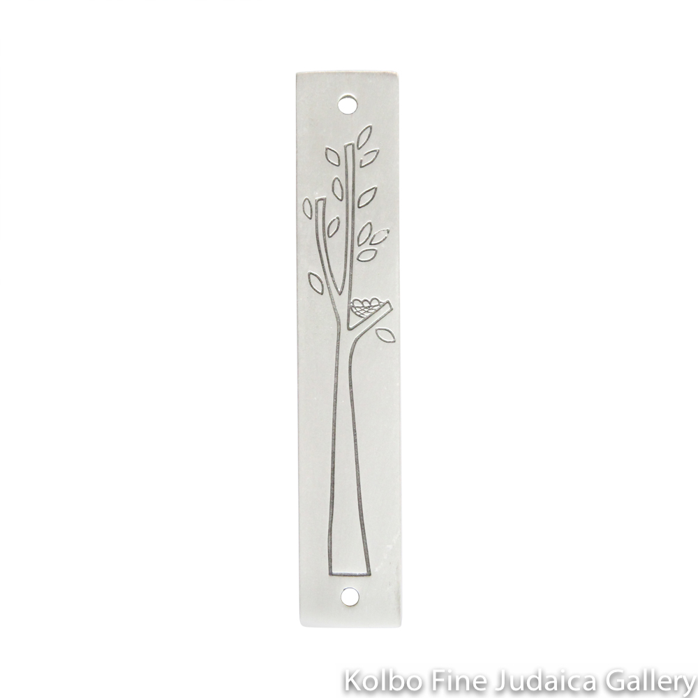 Mezuzah, Tree with Leaves, Line Drawing on Pewter