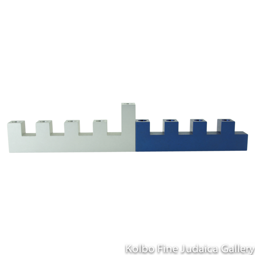 Menorah, Interlocking Traveling Design, Navy Blue and Natural Aluminum