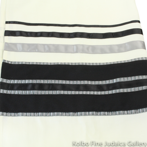 Tallit Set, Black Stripes with Silver Bands on White Wool